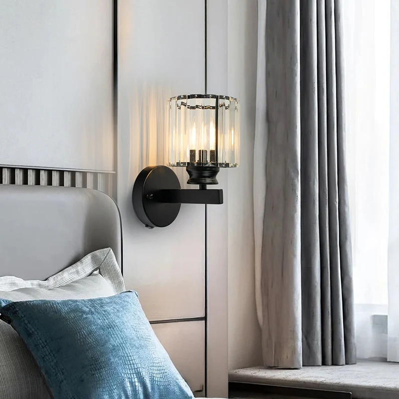 Euroselle Iron Crystal Wall Sconce With E27 Base Round Or Square Glass Shade