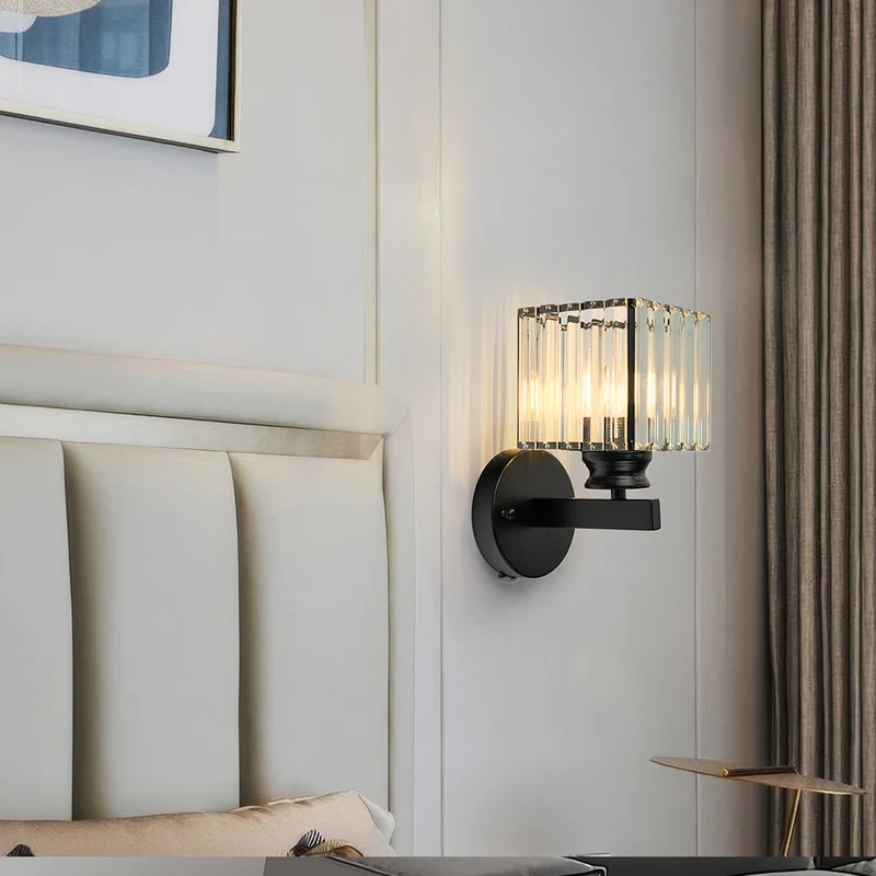 Euroselle Iron Crystal Wall Sconce With E27 Base Round Or Square Glass Shade
