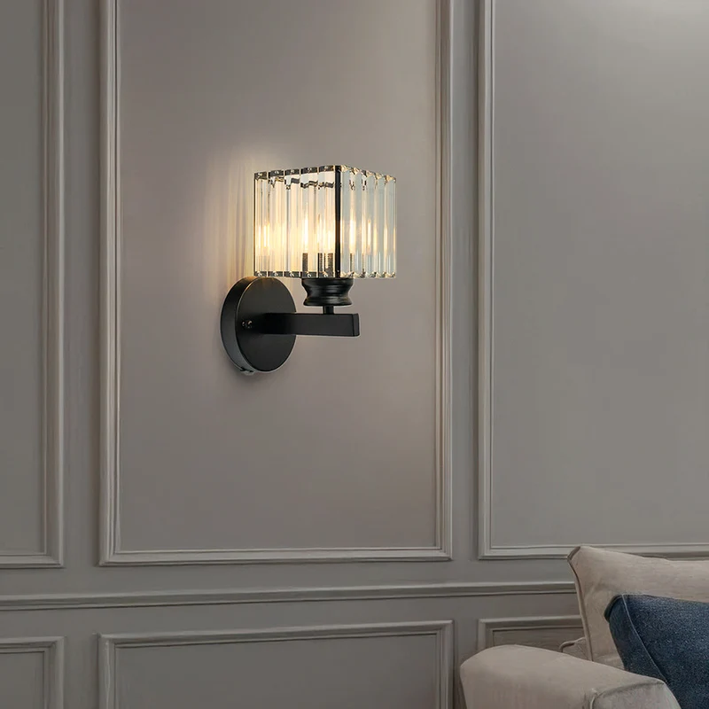 Euroselle Iron Crystal Wall Sconce With E27 Base Round Or Square Glass Shade
