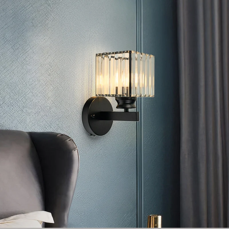 Euroselle Iron Crystal Wall Sconce With E27 Base Round Or Square Glass Shade