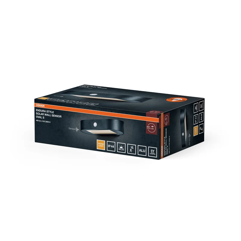 OSRAM ENDURA Style Kleine Oval Solar-Wandleuchte, warmweißes Licht (3000K), integrierter Sensor, ohne Strom nutzbar, lange Laufzeit: 30 Mal 60 Sekunden im PIR Modus, Schutzklasse IP44, schwarz