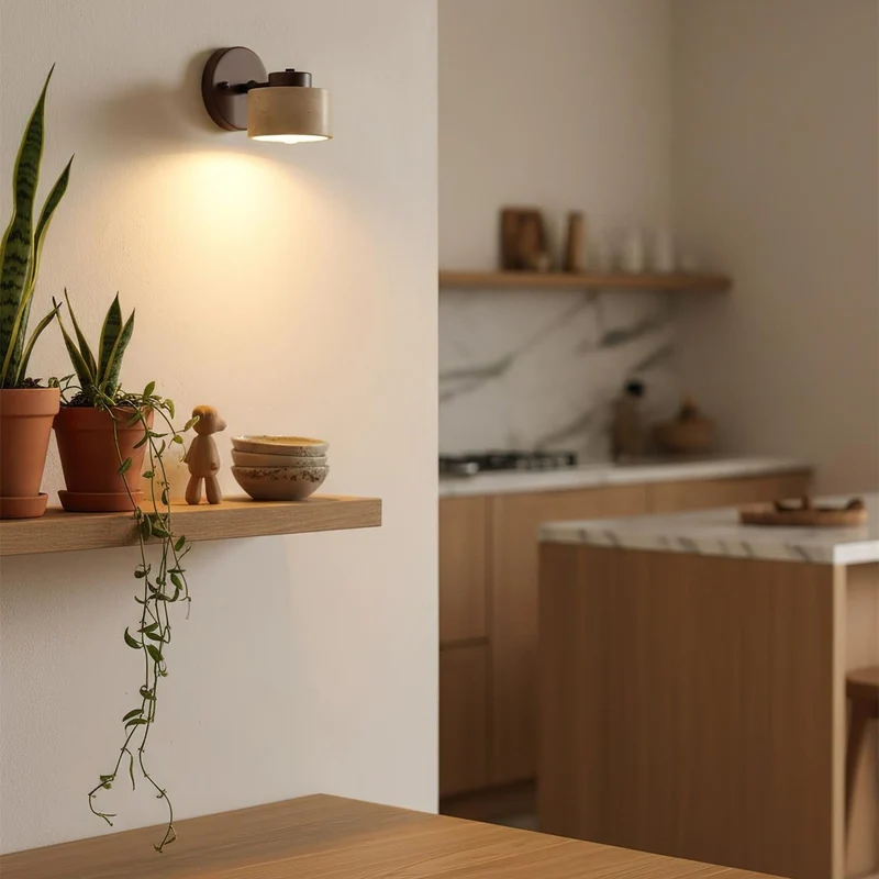 Euroselle Adjustable Wall Sconce With Natural Travertine And Wood