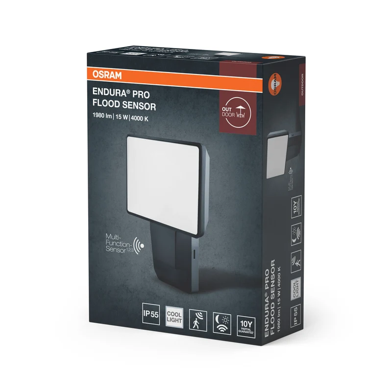 OSRAM ENDURA PRO Hocheffizienter Außenwand-Sensorstrahler mit weitem Ausstrahlungswinkel in innovativem optischen Design, 15W, Dunkelgrau, IP55-Schutz, für Parkplatz und Parks