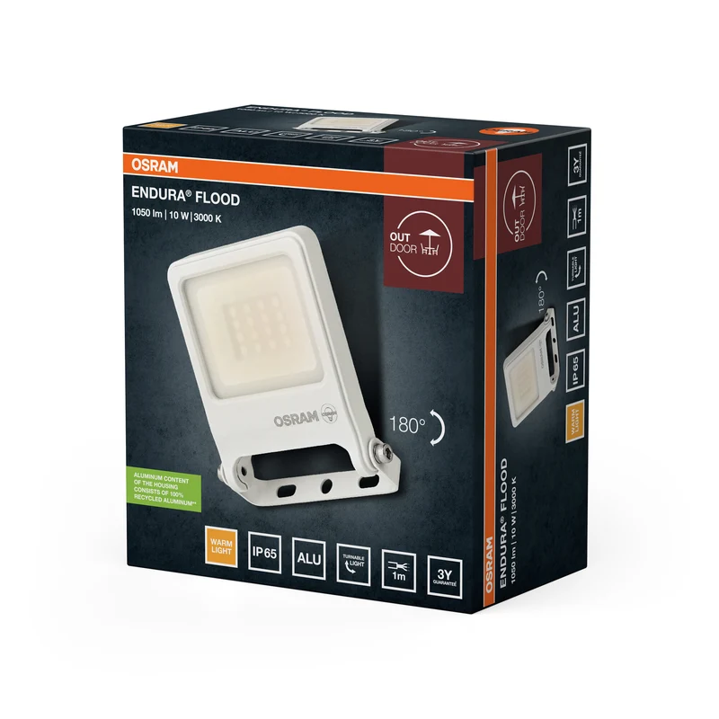OSRAM ENDURA FLOOD PC 10W LED-Fluter, 3000K warmweiß, 1000 Lumen, IP65 weißes Flutlicht,180° Montagebügel, Weiß