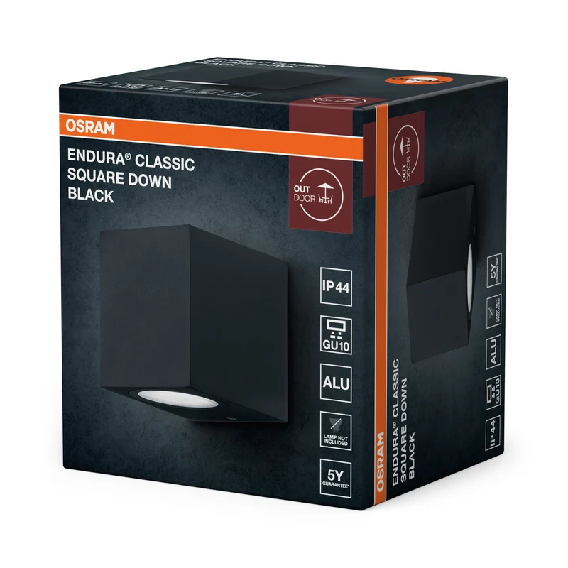 OSRAM ENDURA Classic Square Down Außen-Wandleuchte, schwarz, GU10-Sockel (max 35W), kann mit einfacher oder smarter Lampe bestückt werden, Down oder Up/Down Leuchtenvariante, Schutzklasse IP44