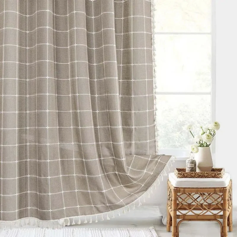 Euroselle 360 Degree Linen Shower Curtain With Tassels And Waterproof Design