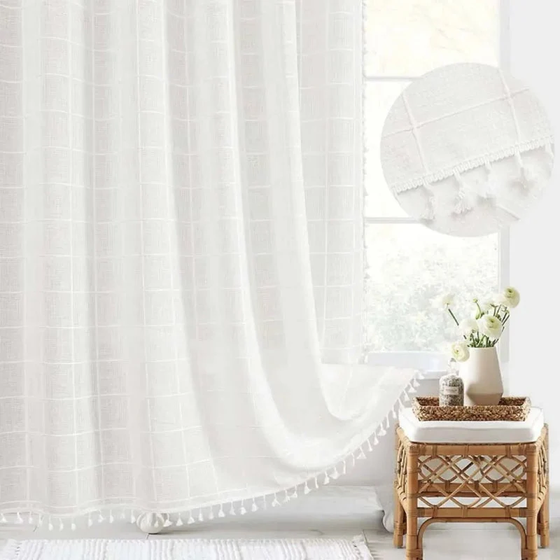 Euroselle 360 Degree Linen Shower Curtain With Tassels And Waterproof Design