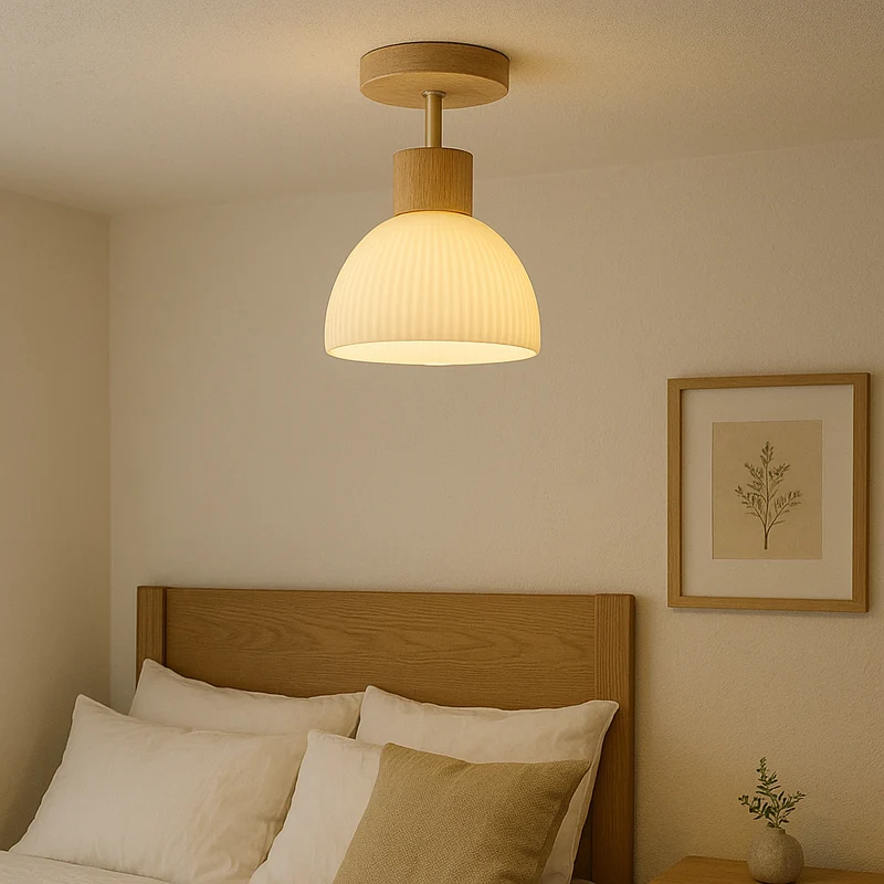 Euroselle Flush Mount Ceiling Light Wood And Glass E27, 18 cm