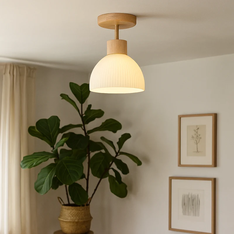 Euroselle Flush Mount Ceiling Light Wood And Glass E27, 18 cm