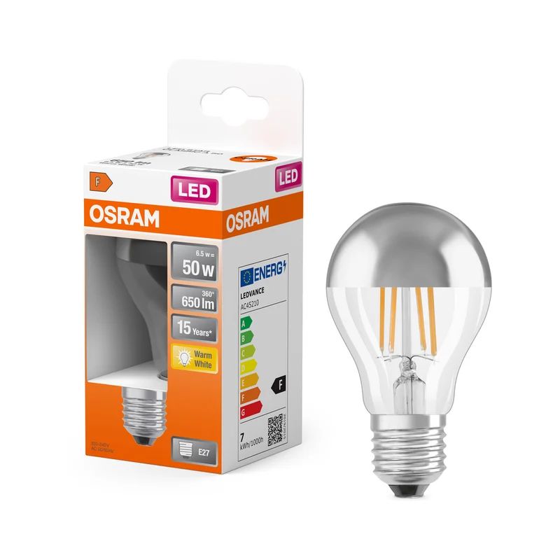 OSRAM LED Lampe LED Retrofit CLASSIC A Mirror 6.5W 827 Silver E27, 650 lm, 2700 K, Warmweiß