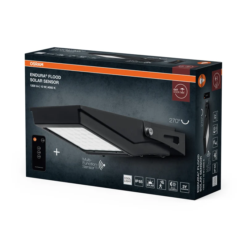 OSRAM ENDURA LED-Flutlicht Flood Solar, 10W, solarbetrieben, eingebauter Sensor, kaltweißes Licht, Fernbedienung, lange Batterielaufzeit bis zu vier Stunden bei voller Helligkeit, Schutzklasse IP65
