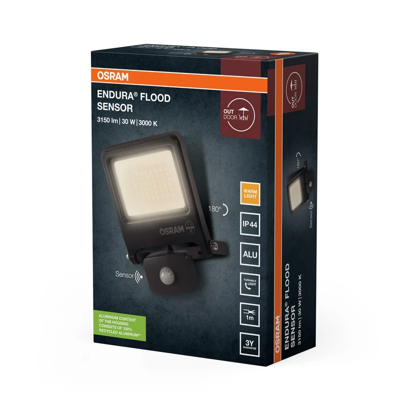 OSRAM ENDURA FLOOD PC 30W LED-Fluter mit Sensor, 3000K warmweiß, 3000 Lumen, IP44 Flutlicht Bewegungsmelder 9m, Zeit-Steuerung 5s-10min