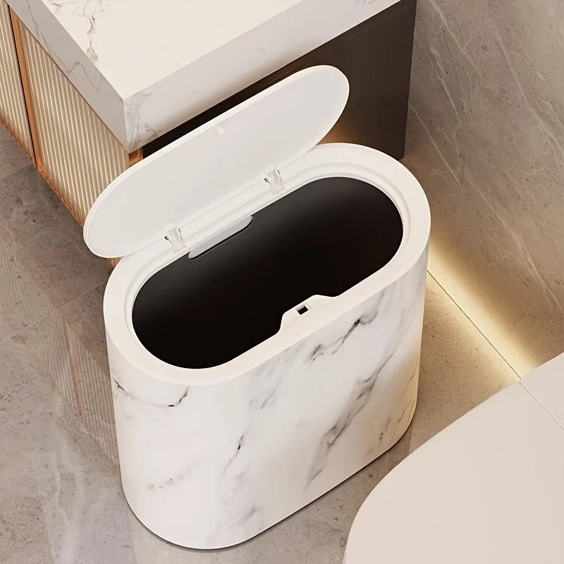 Euroselle Oval Marble-Pattern Waste Bin for Modern Interiors, Compact and Stylish
