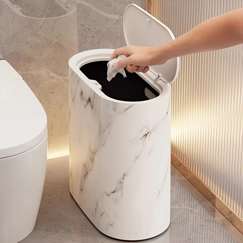 Euroselle Oval Marble-Pattern Waste Bin for Modern Interiors, Compact and Stylish