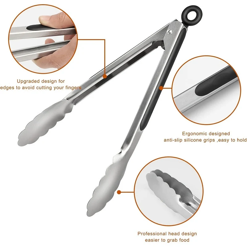 Euroselle Stainless Steel Kitchen Tongs With Silicone Grip And Locking Mechanism