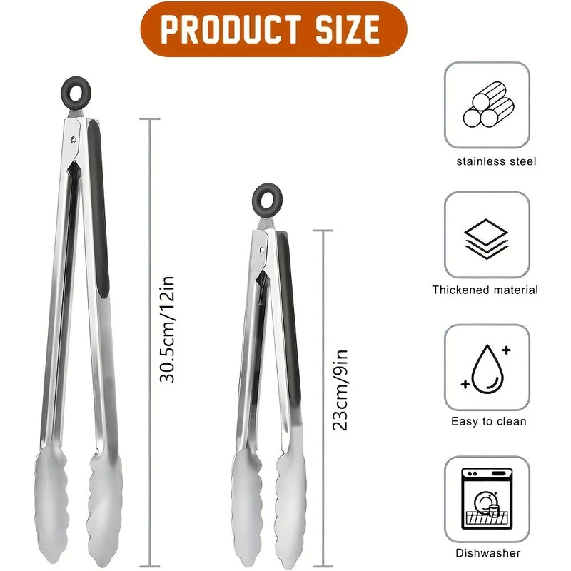 Euroselle Stainless Steel Kitchen Tongs With Silicone Grip And Locking Mechanism