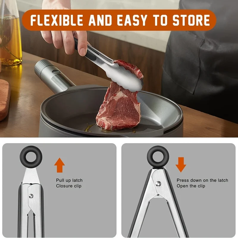 Euroselle Stainless Steel Kitchen Tongs With Silicone Grip And Locking Mechanism