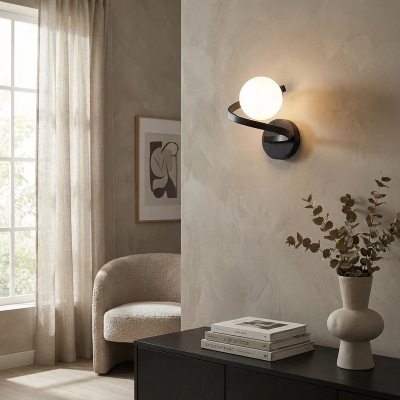Euroselle Spiral Glass Wall Lamp With Matte Black Finish And LED Light Source