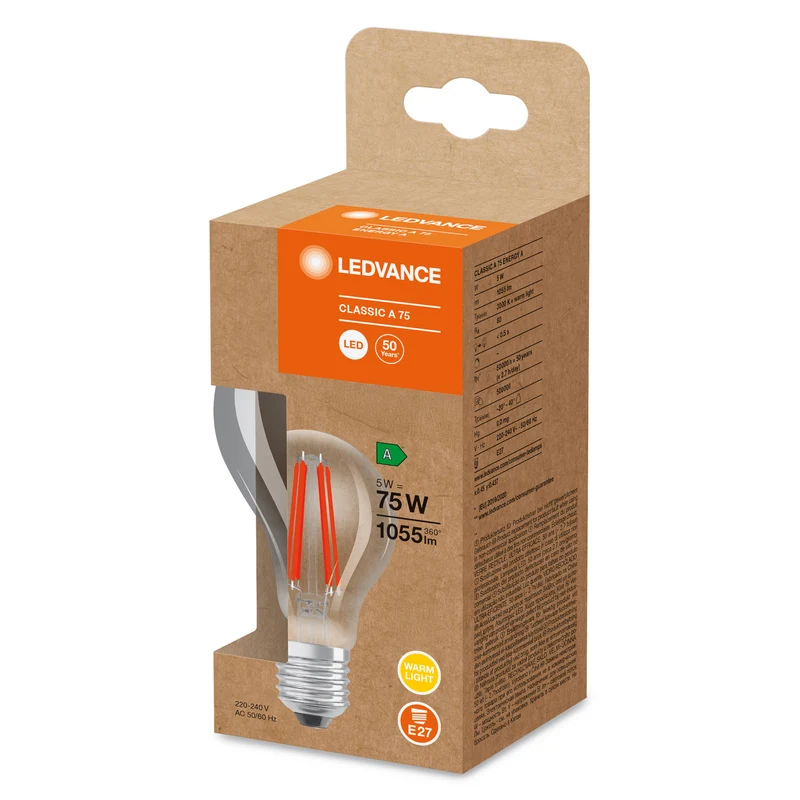 LEDVANCE LED CLASSIC A ENERGY EFFICIENCY A S , LED-Lampe, Bleifreies Glas, Klar, 5 W, (ex 75 W), 1055 lm, Warmweiß, 3000 K, 50000 h, CRI ≥80