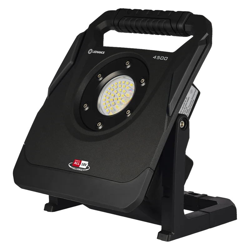 LEDVANCE Arbeitsleuchte mit schwenkbarem Kopf, batteriebetrieben, Power for all Alliance Akku kompatibel, 40 W, 4500 lm, 6500 K, 840 kaltes Tageslicht, 3-stufig dimmbar, schwarzes Aluminium, IP54