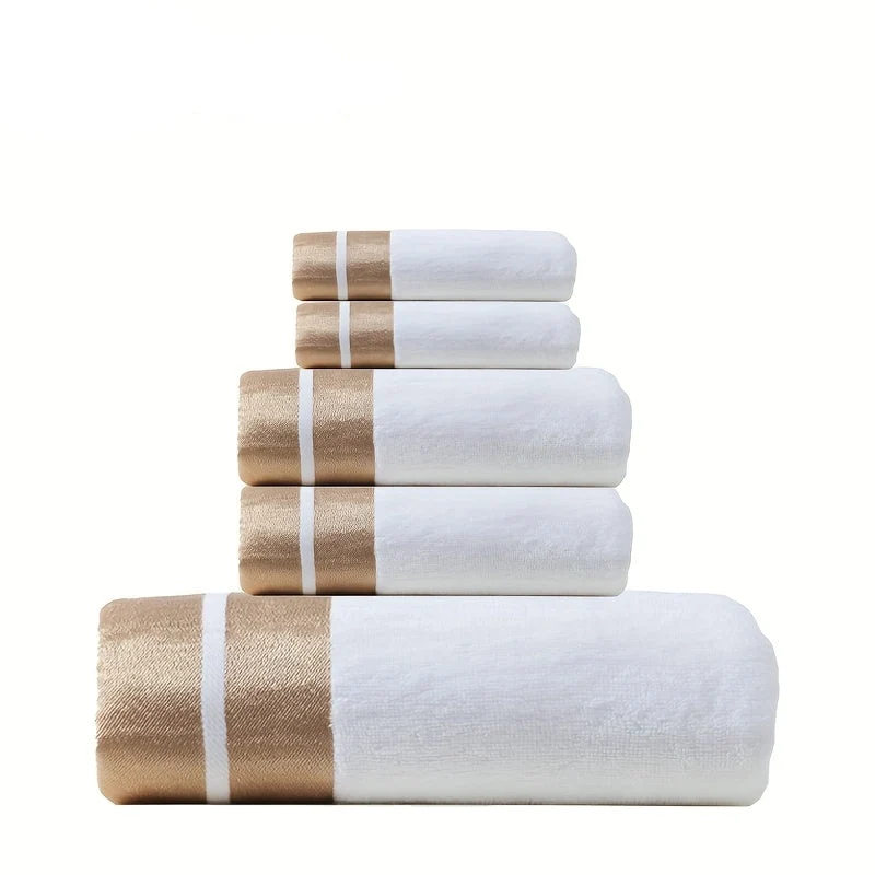 Euroselle Luxurious 100% Cotton Towel Set With Gold-Striped Pattern