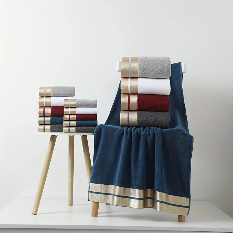 Euroselle Luxurious 100% Cotton Towel Set With Gold-Striped Pattern