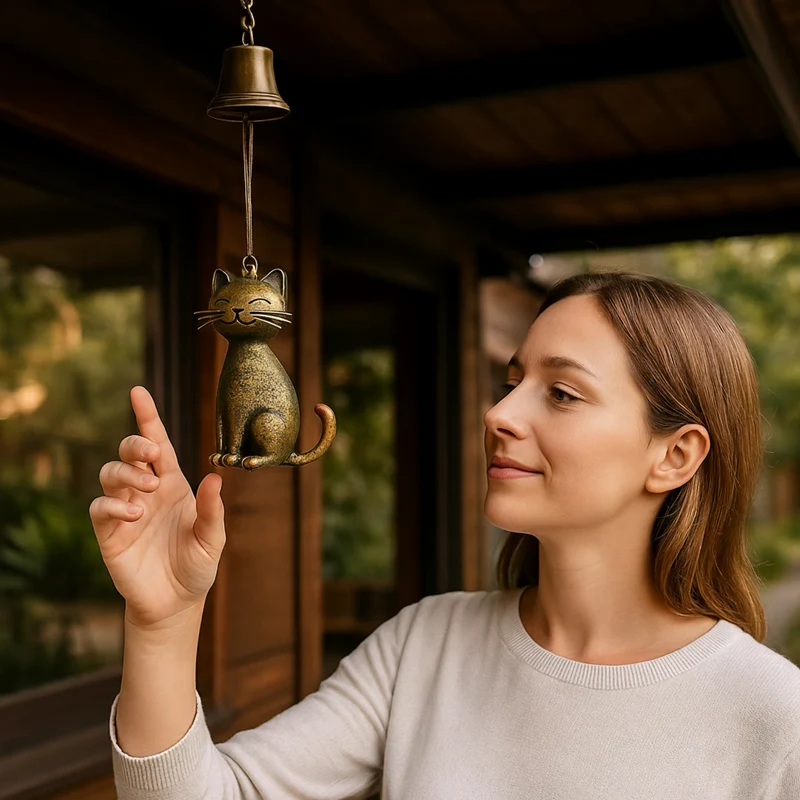 Euroselle Handcrafted Copper Cat Wind Chime For Tranquil Home Ambiance