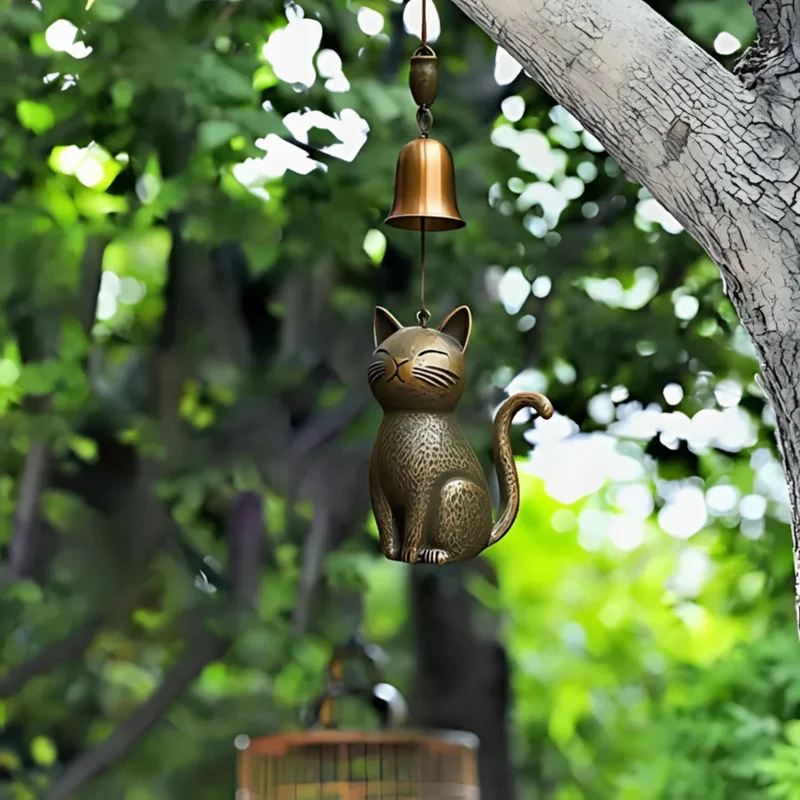 Euroselle Handcrafted Copper Cat Wind Chime For Tranquil Home Ambiance