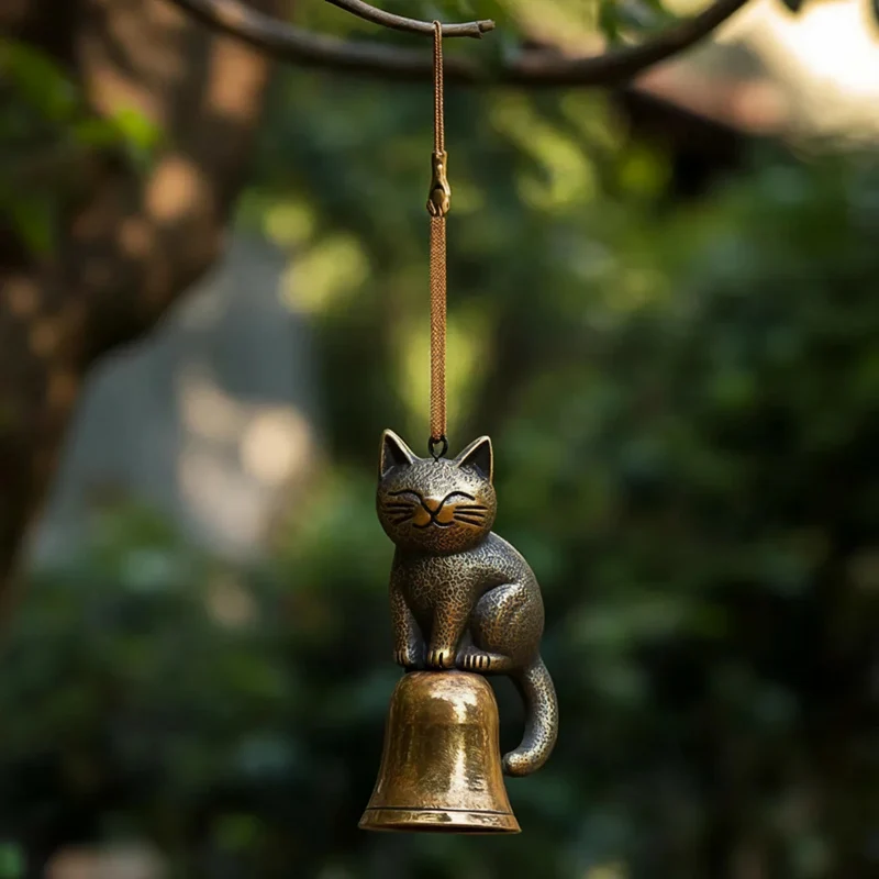 Euroselle Handcrafted Copper Cat Wind Chime For Tranquil Home Ambiance