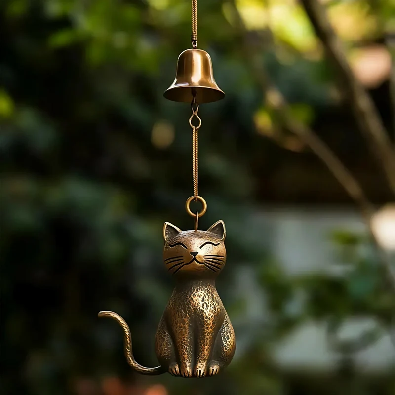 Euroselle Handcrafted Copper Cat Wind Chime For Tranquil Home Ambiance