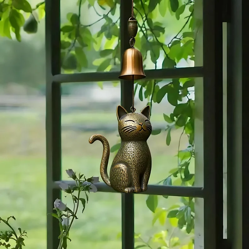 Euroselle Handcrafted Copper Cat Wind Chime For Tranquil Home Ambiance