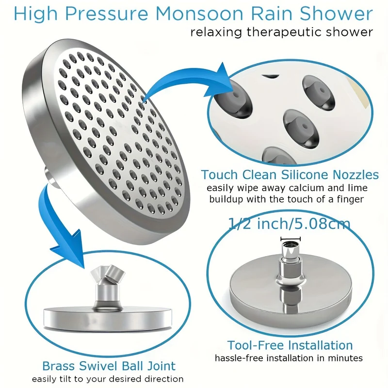 Euroselle Rain Shower Head Premium 1pc With Anti-Clog Nozzles And Adjustable Angles