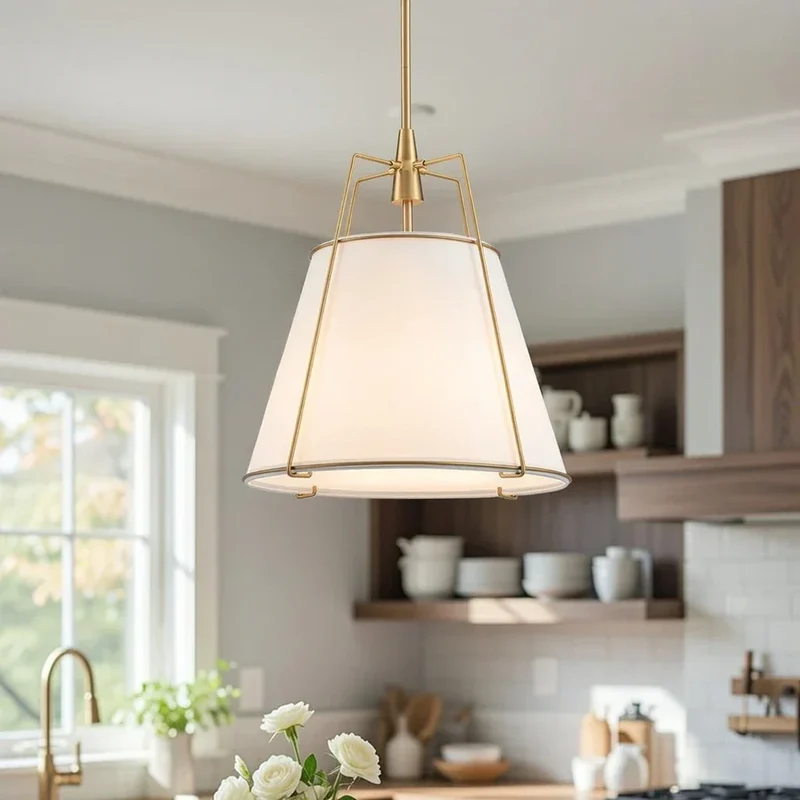 Euroselle Modern Linen Tapered Cone Pendant Light With Brass Accents, Four Lights