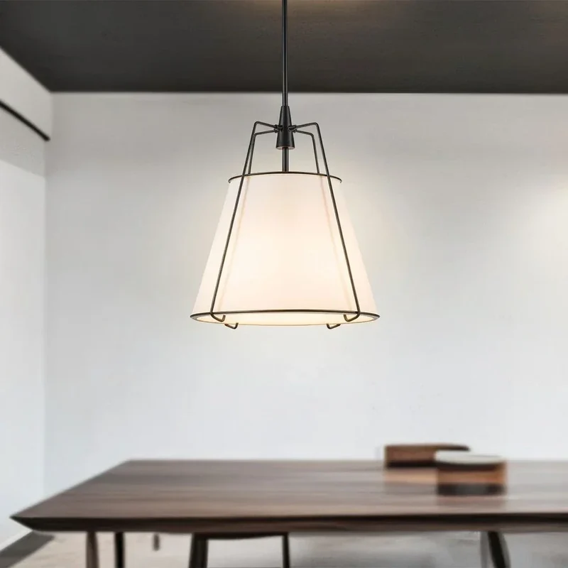 Euroselle Modern Linen Tapered Cone Pendant Light With Brass Accents, Four Lights