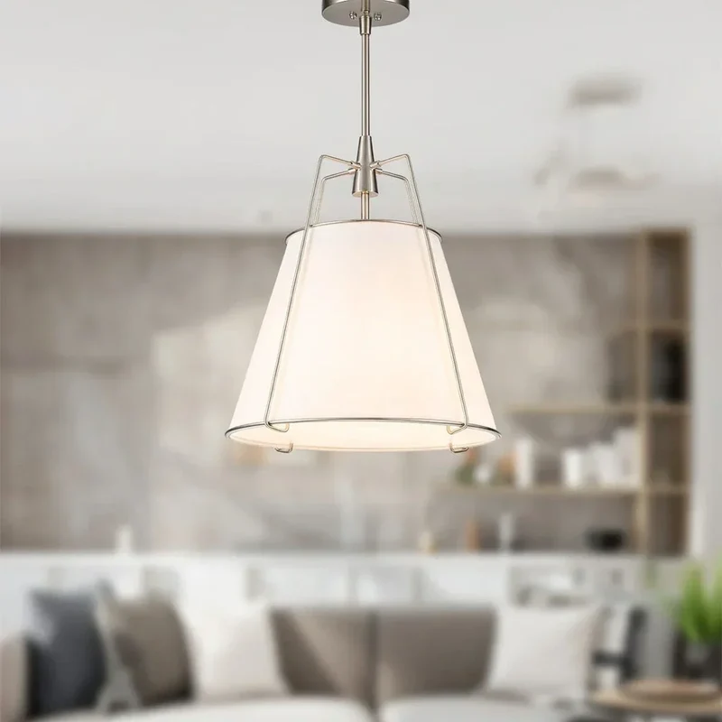 Euroselle Modern Linen Tapered Cone Pendant Light With Brass Accents, Four Lights