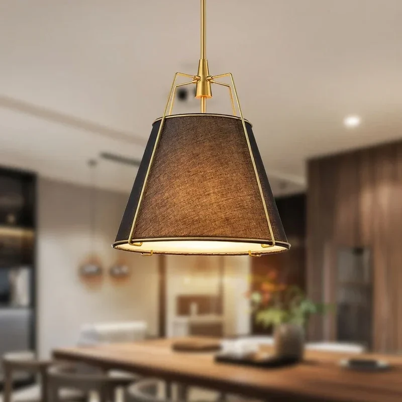 Euroselle Modern Linen Tapered Cone Pendant Light With Brass Accents, Four Lights