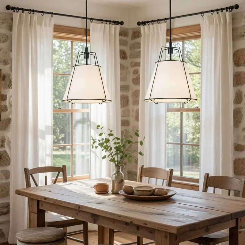 Euroselle Modern Linen Tapered Cone Pendant Light With Brass Accents, Four Lights