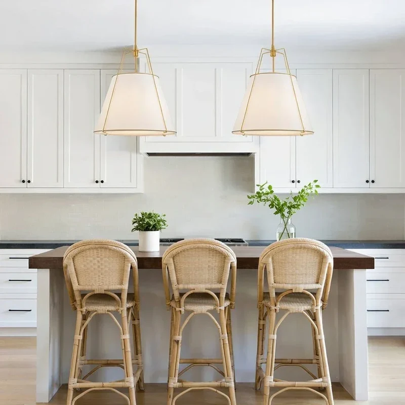 Euroselle Modern Linen Tapered Cone Pendant Light With Brass Accents, Four Lights