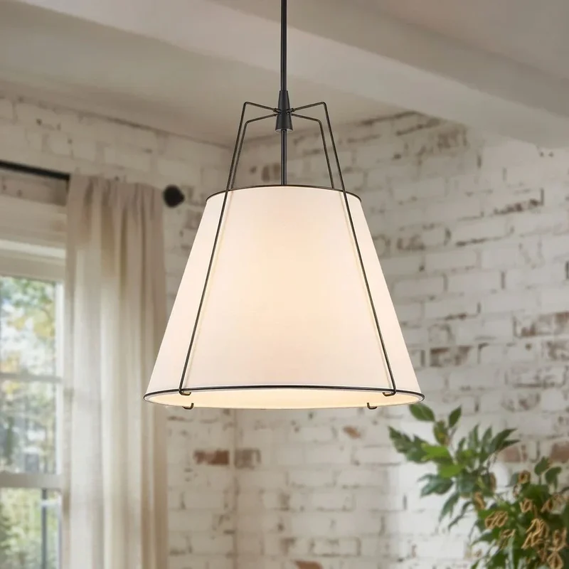 Euroselle Modern Linen Tapered Cone Pendant Light With Brass Accents, Four Lights