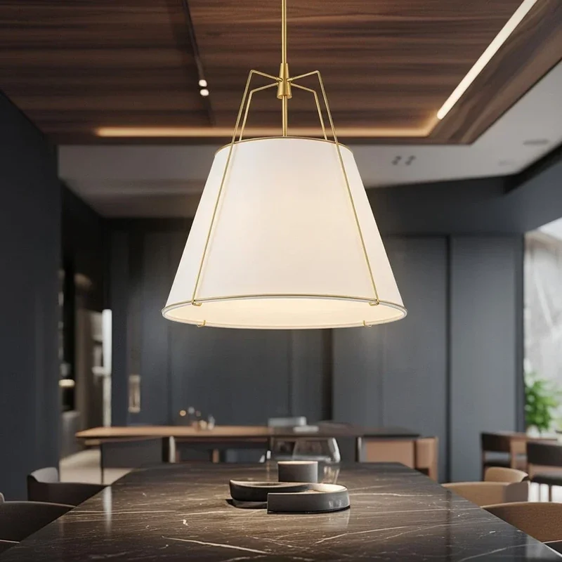 Euroselle Modern Linen Tapered Cone Pendant Light With Brass Accents, Four Lights