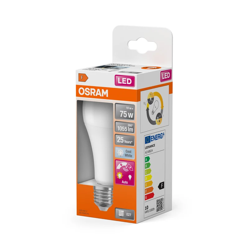 OSRAM DAYLIGHT SENSOR CLASSIC A LED Lampe 10W 840 Frosted E27, 1055 lm, 4000 K, Kaltweiß