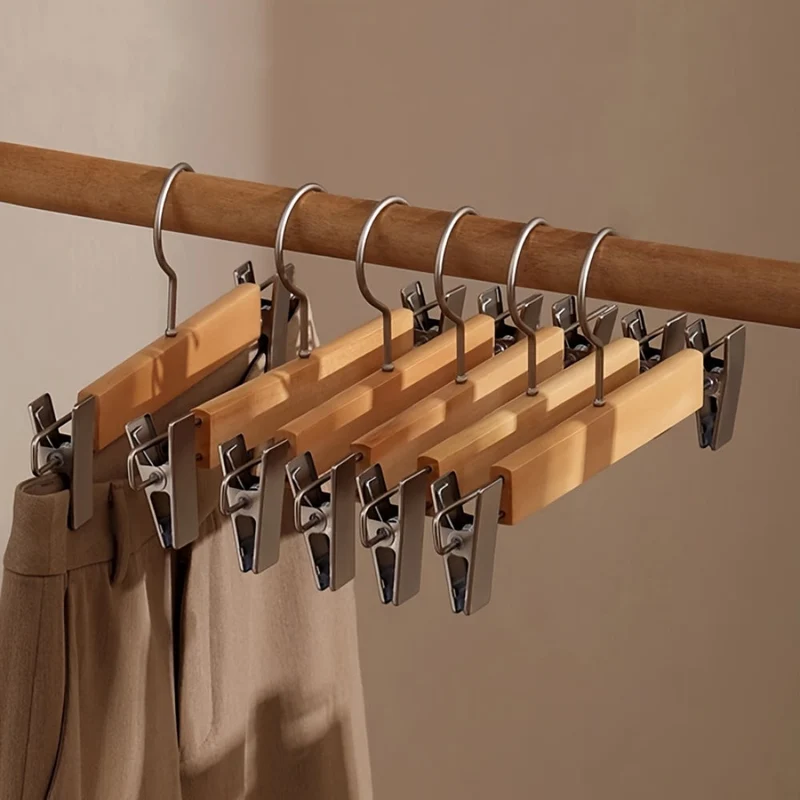 Euroselle Solid Lotus Wood Hangers With Adjustable Metal Clips 10 Pack