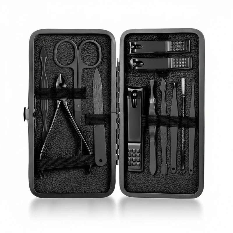 Euroselle 15-Piece Classic Black Nail Care Set For Hands, Feet, And Face Stainless Steel Tools