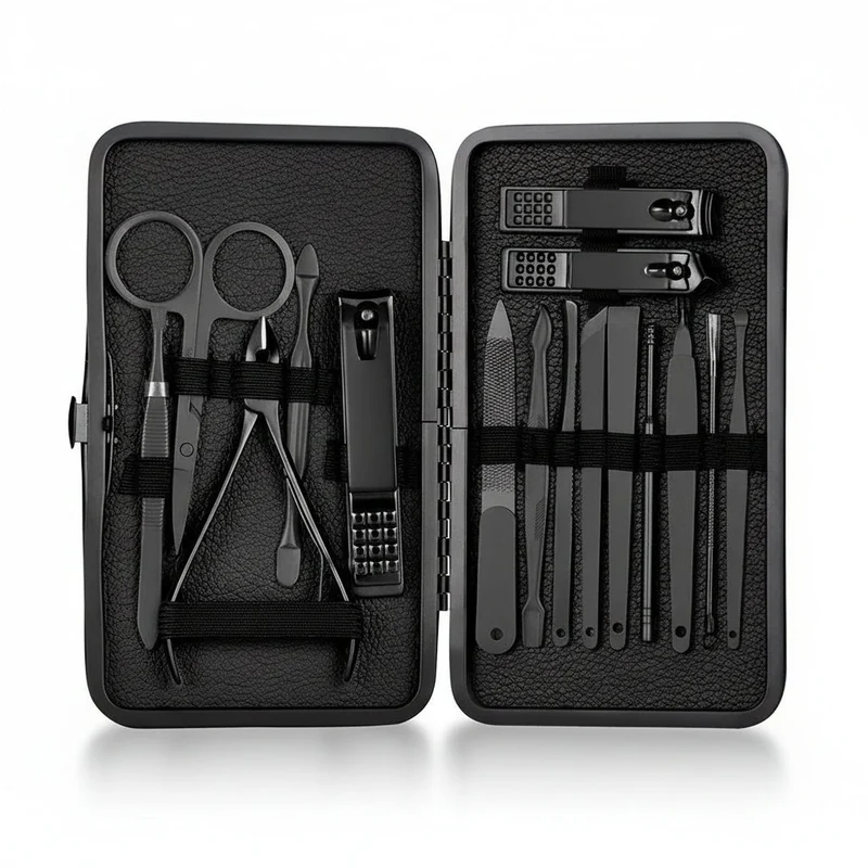 Euroselle 15-Piece Classic Black Nail Care Set For Hands, Feet, And Face Stainless Steel Tools