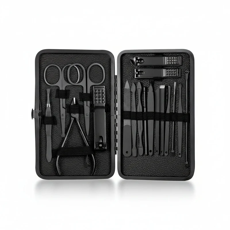 Euroselle 15-Piece Classic Black Nail Care Set For Hands, Feet, And Face Stainless Steel Tools