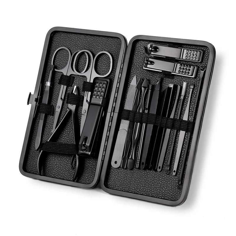 Euroselle 15-Piece Classic Black Nail Care Set For Hands, Feet, And Face Stainless Steel Tools