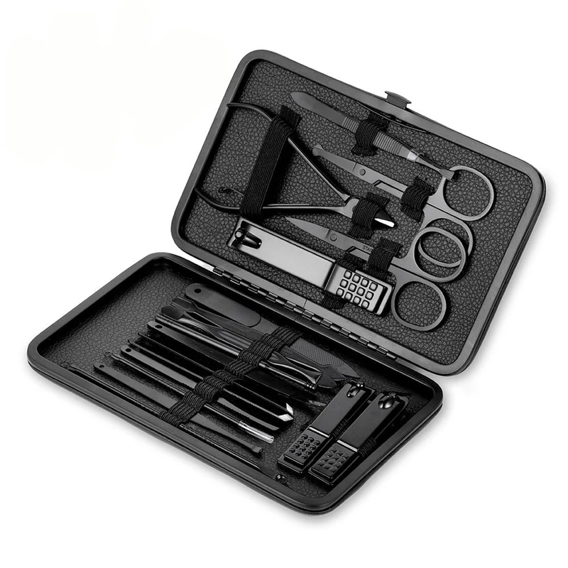 Euroselle 15-Piece Classic Black Nail Care Set For Hands, Feet, And Face Stainless Steel Tools