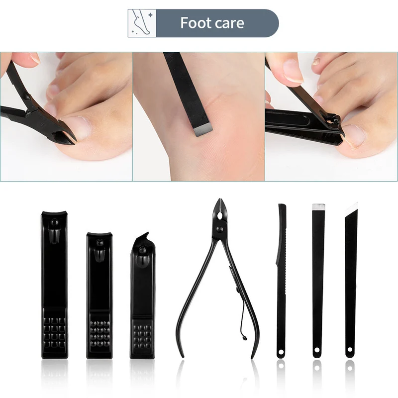 Euroselle 15-Piece Classic Black Nail Care Set For Hands, Feet, And Face Stainless Steel Tools