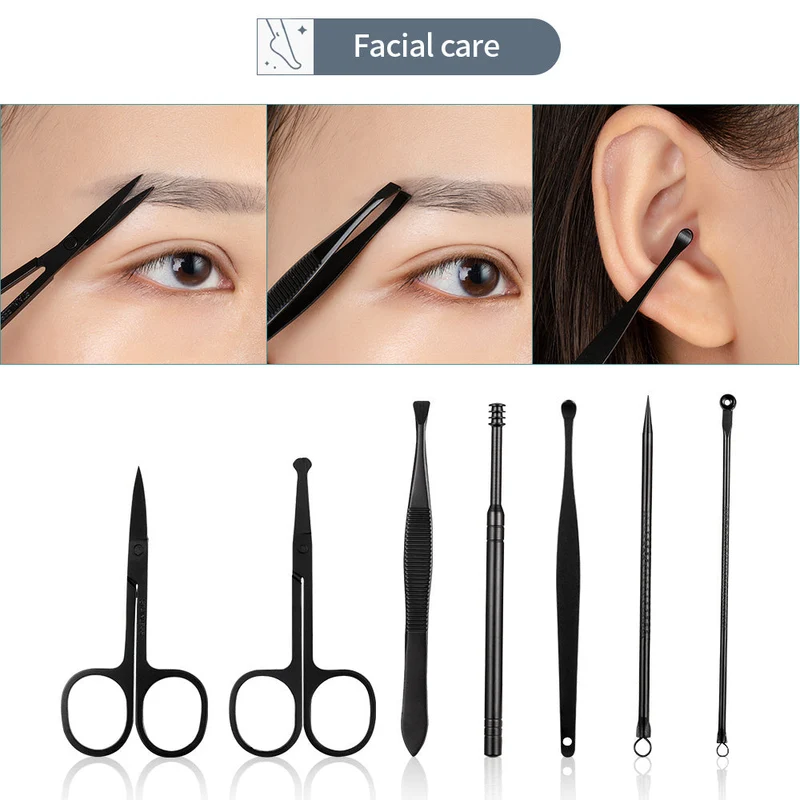 Euroselle 15-Piece Classic Black Nail Care Set For Hands, Feet, And Face Stainless Steel Tools