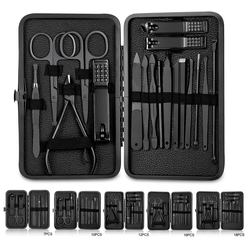 Euroselle 15-Piece Classic Black Nail Care Set For Hands, Feet, And Face Stainless Steel Tools